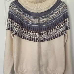 Lumiere Cream Cowl Neck Sweater with Blue and Brown Yoke